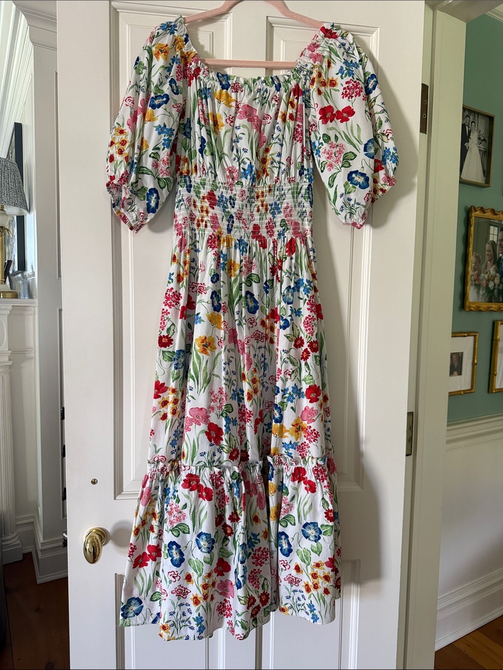 Cara Cara White Floral Maxi Dress with Multicolor Blooms, Size L